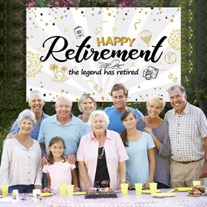 Happy Retirement Party Decorations, Large Gold Fabric Banner, Photo Booth Background, Pull Flag Banner, No Power Needed
