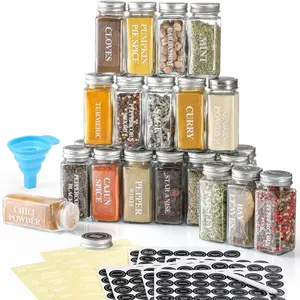 24 Pcs Glass Spice Jars with Labels - 4oz Empty Square Spice Bottles Containers, Condiment Pot - Shaker Lids and Airtight Metal Caps - Silicone Collapsible Funnel Included