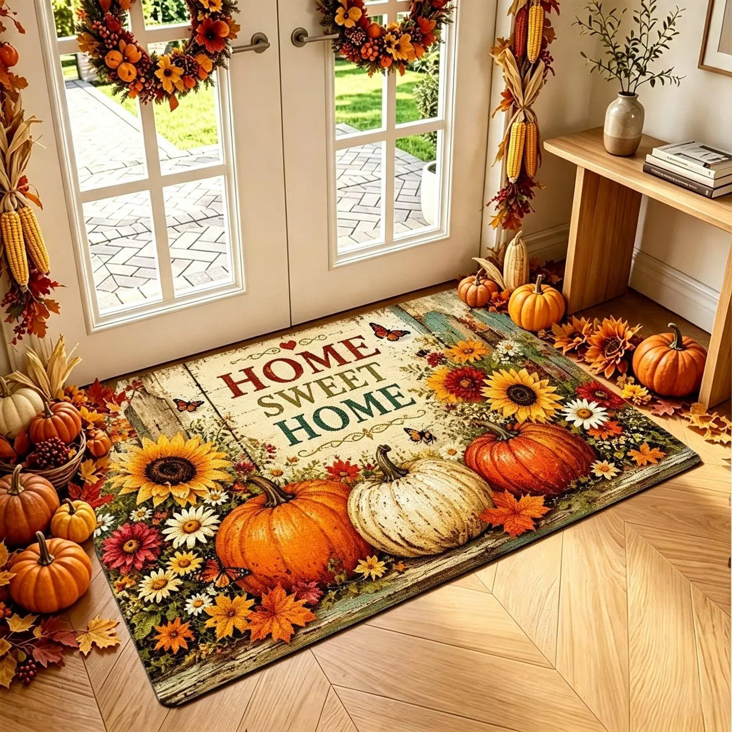 1pc Non-Slip Welcome Doormat Suitable for Thanksgiving Halloween Fall Decoration, Soft Flannel Rug with Pumpkin Sunflower Autumn Leaves & Butterfly Floral Print, Machine Washable Entryway Suitable for Home Sweet Home Entry Rug