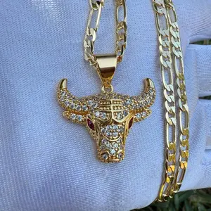 Red Eye Bull Head Pendant with 22" Chain - Gold Plated, Rhinestone Accents, Fashionable Men's Jewelry