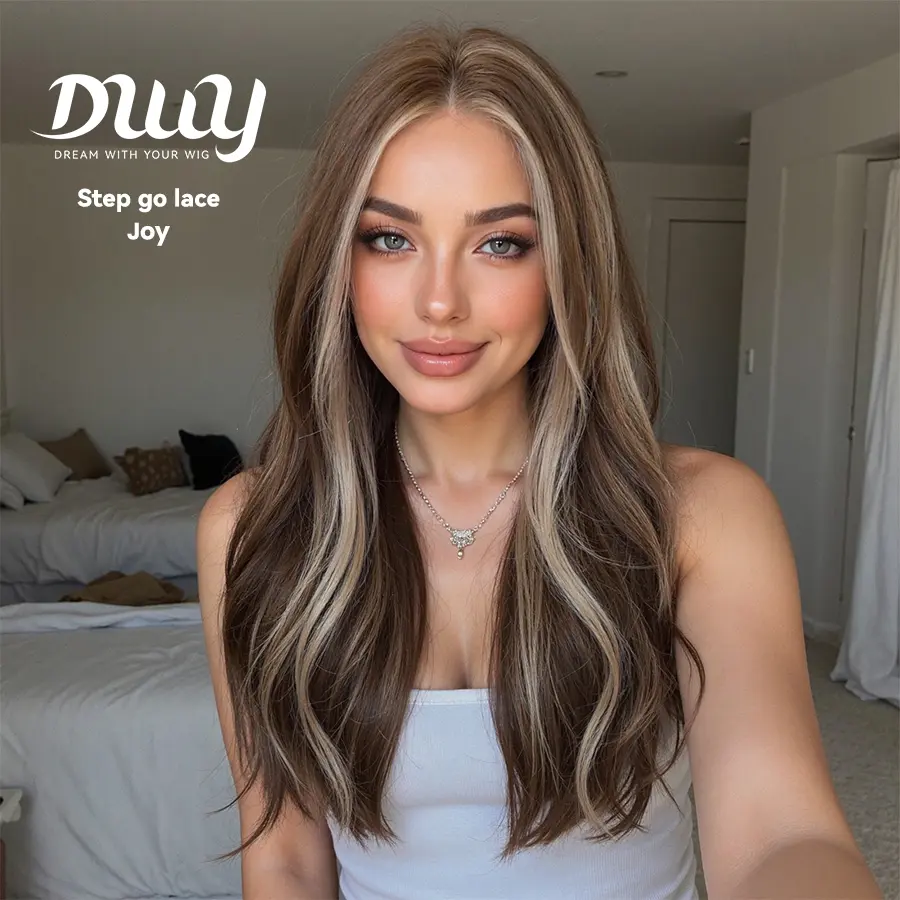 Joy -DWY NEW Step Go Lace Free Part Long-Length Brown Bangs Highlights Glueless Mixed Japanese Fiber Wig for Women 22 Inches