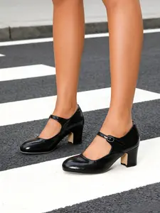 Spring summer styles, single-strap with pin buckle design, round toe, thick heel, rubber sole, fashionable, simple elegant, white  black women's high heels, suitable for party/wedding/vacation/dinner/ autumn winter/work/Christmas/outdoor/dress/dating