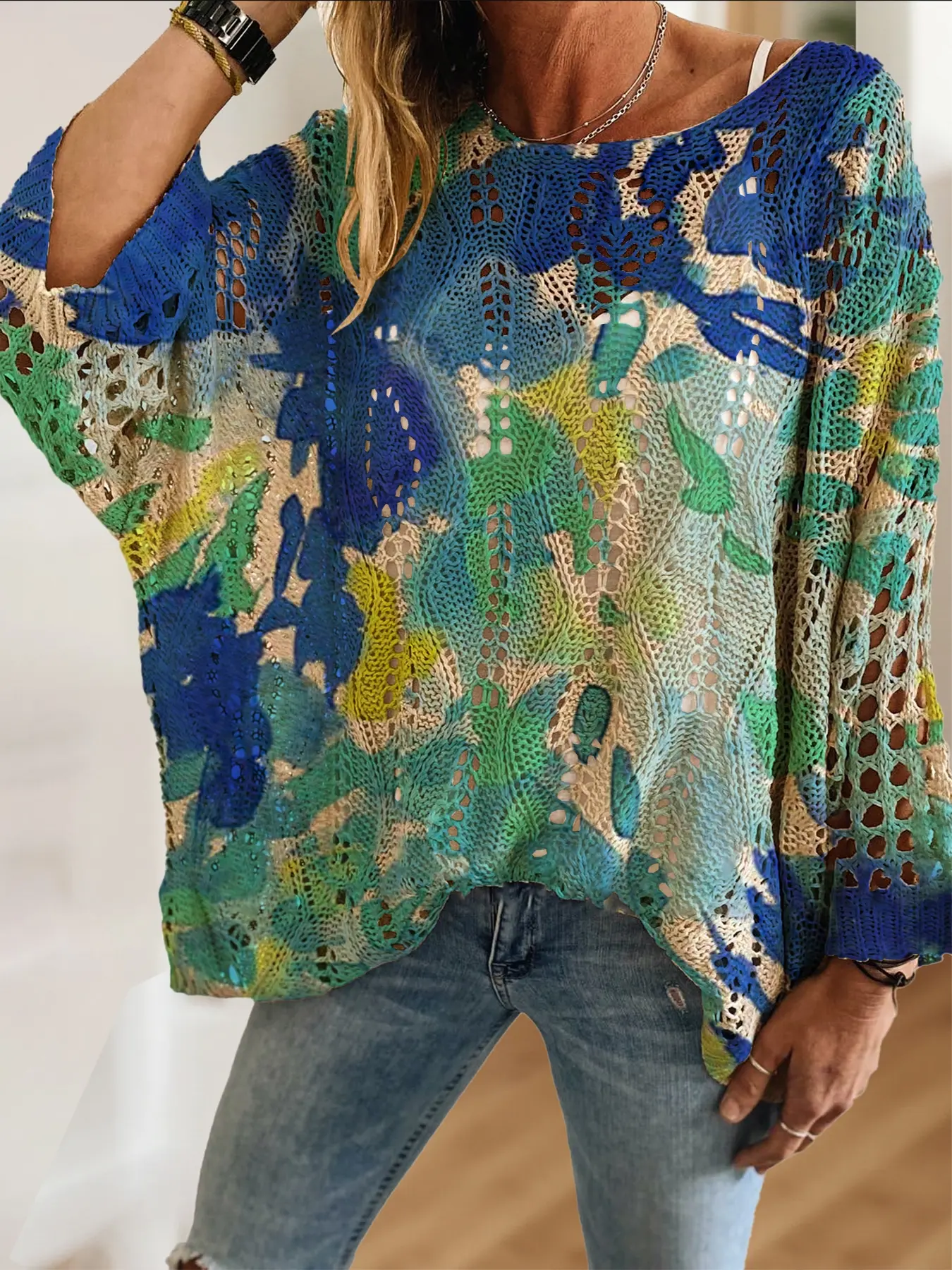 Spring Summer Women's Shoulder Cutout Batwing Sleeve Knit Top with Watercolor Print, Lightweight Breathable Long Sleeve, Casual Elegance Beachwear, Womenswear, Lady