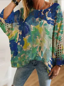 Spring Summer Women's Shoulder Cutout Batwing Sleeve Knit Top with Watercolor Print, Lightweight Breathable Long Sleeve, Casual Elegance Beachwear, Womenswear, Lady