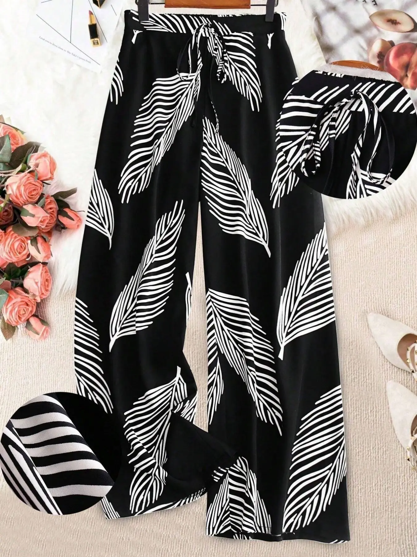 Women's Plus Size Tropical Leaf Print Wide Leg Pants Bohemian Boho Trousers Adjustable Drawstring Elastic Waist Non-Slip Fabric Flowy Boho Casual Summer Beach Vacation Outfits Resort Wear Spring Boho Fashion Trousers