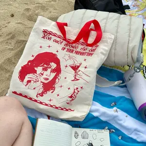 Your Manhattan Tote Bags - Red Handle, White Canvas, "You Can't Drown Me Out Of Your Manhattan" Design, Rachel Bochner Merch Limited Edition