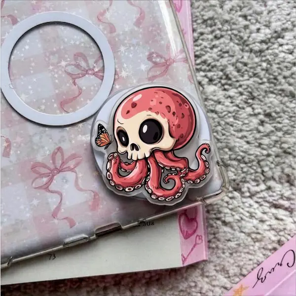 Octopus Skull with MagSafe Phone Grip, Horror Aesthetic Magnetic Phone Holder, Kawaii Scary Fan Gift , Kindle Accessories sticky Baby mount Library Card Flower-Shaped Multi-Functional Stand Universal Car Double-Sided Octo Adjustable Portable