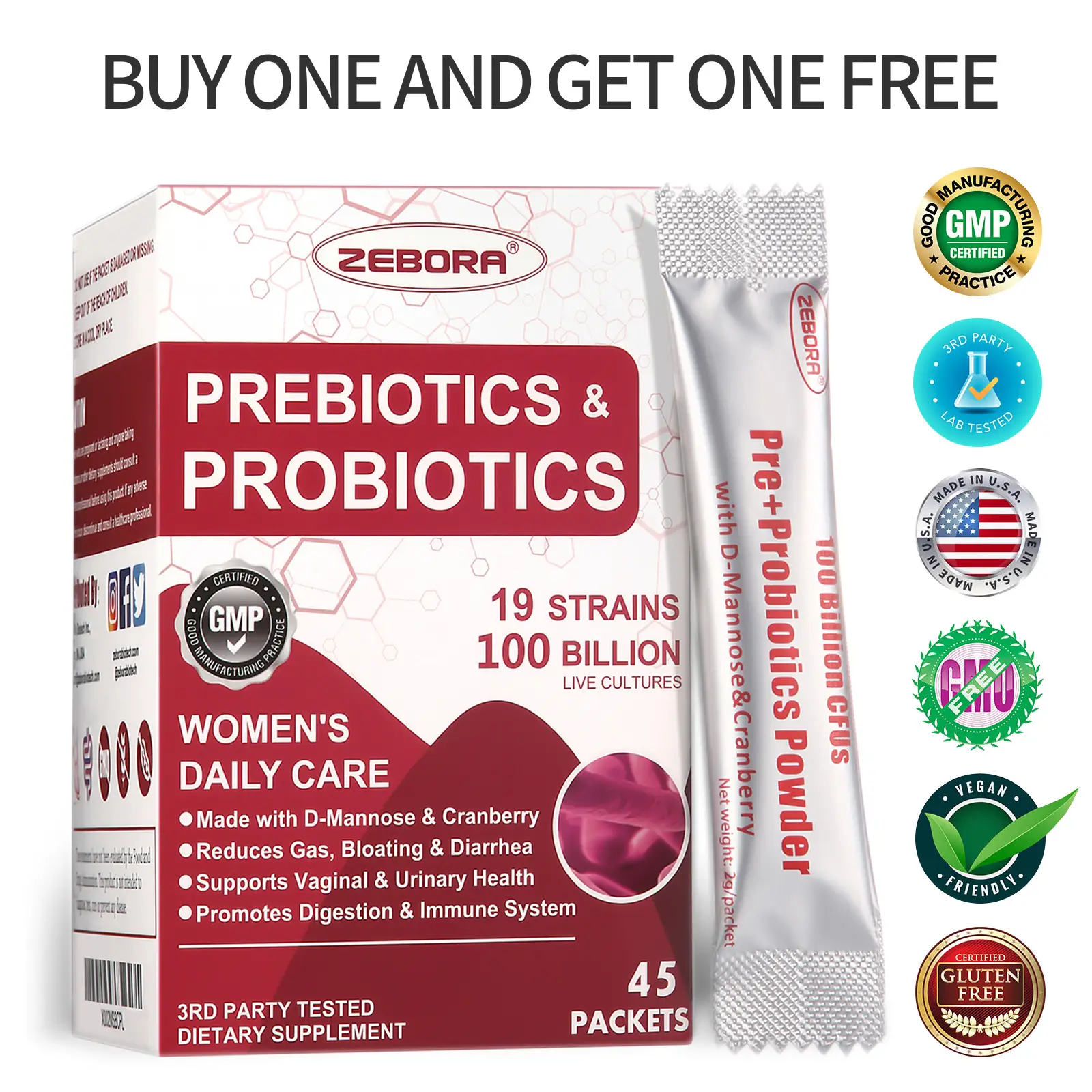 ZEBORA Probiotics-for-Women& man 100-Billion-CFUs with Prebiotics, D-Mannose & Cranberry, 45 Packets Edible Fitness Healthcare Supplement Odor Control
