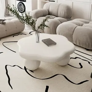 35" Cream Cloud Shaped Coffee Table, Petal-Shaped Modern Minimalist Coffee Table with Spherical Legs, Cream White Kid & Pet Friendly Space Saving Living Room Table for Small Apartment, Cream White
