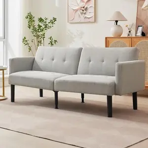 Modern Mid-Century Futon Sofa Bed,Compact 3-Seater Convertible Sleeper Loveseat with Chevron Tufting & Tapered Legs, Grey