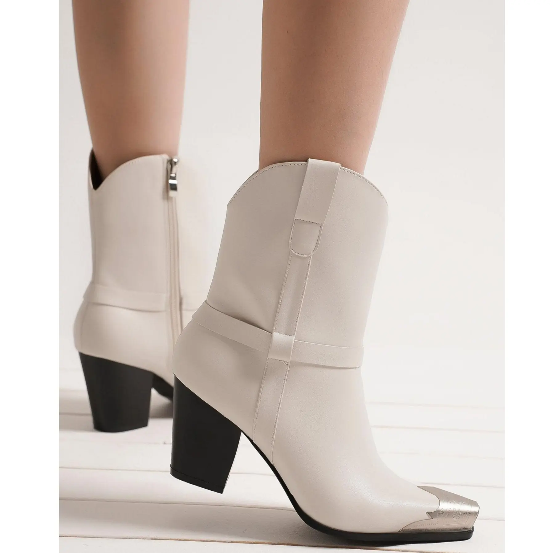 Women's DAKOTA-09 Western Metal Toe Booties - Block Heels, Side Zipper Closure, Western Elegance, Urban Cowboy Statement Shoes - Classic Outdoor Ankle Boots with Metal Toe Detail, Comfortable Heels, Western Ootd