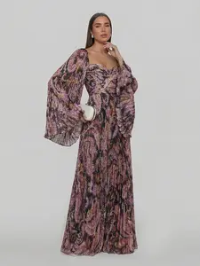 LikeMychoice Exquisite Floral Printed Metallic Pleated Chiffon Trumpet Sleeve Maxi Dress for Women Formal Occasion Ethereal Shimmer Blazer Boho Elegance Party Formal Dress