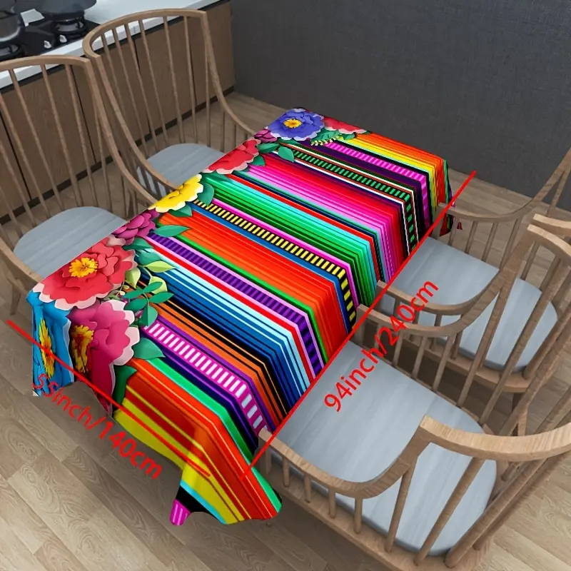 1pc Vibrant Polyester Knit Rectangle Mexican Fiesta Floral Tablecloth - 1-Piece Home Supplies, Festive Party Indoors Decor Table Cover