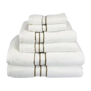Superior 900GSM-H 6PC SET LA 900 Gsm Egyptian Cotton Towel Set - White With Latte Border, 6 Pieces
