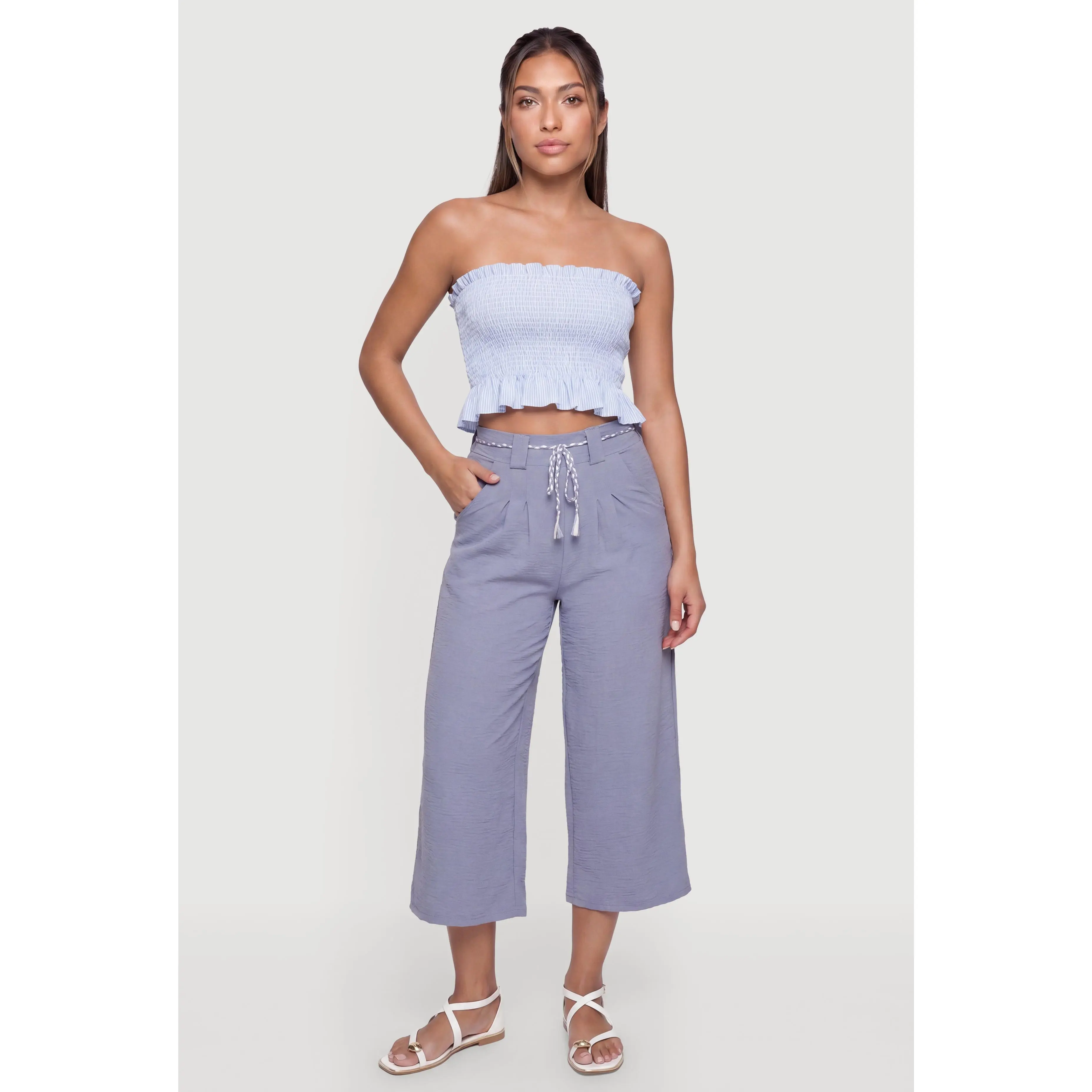 Striped Ruffle Hem Smocked Tube Crop Top