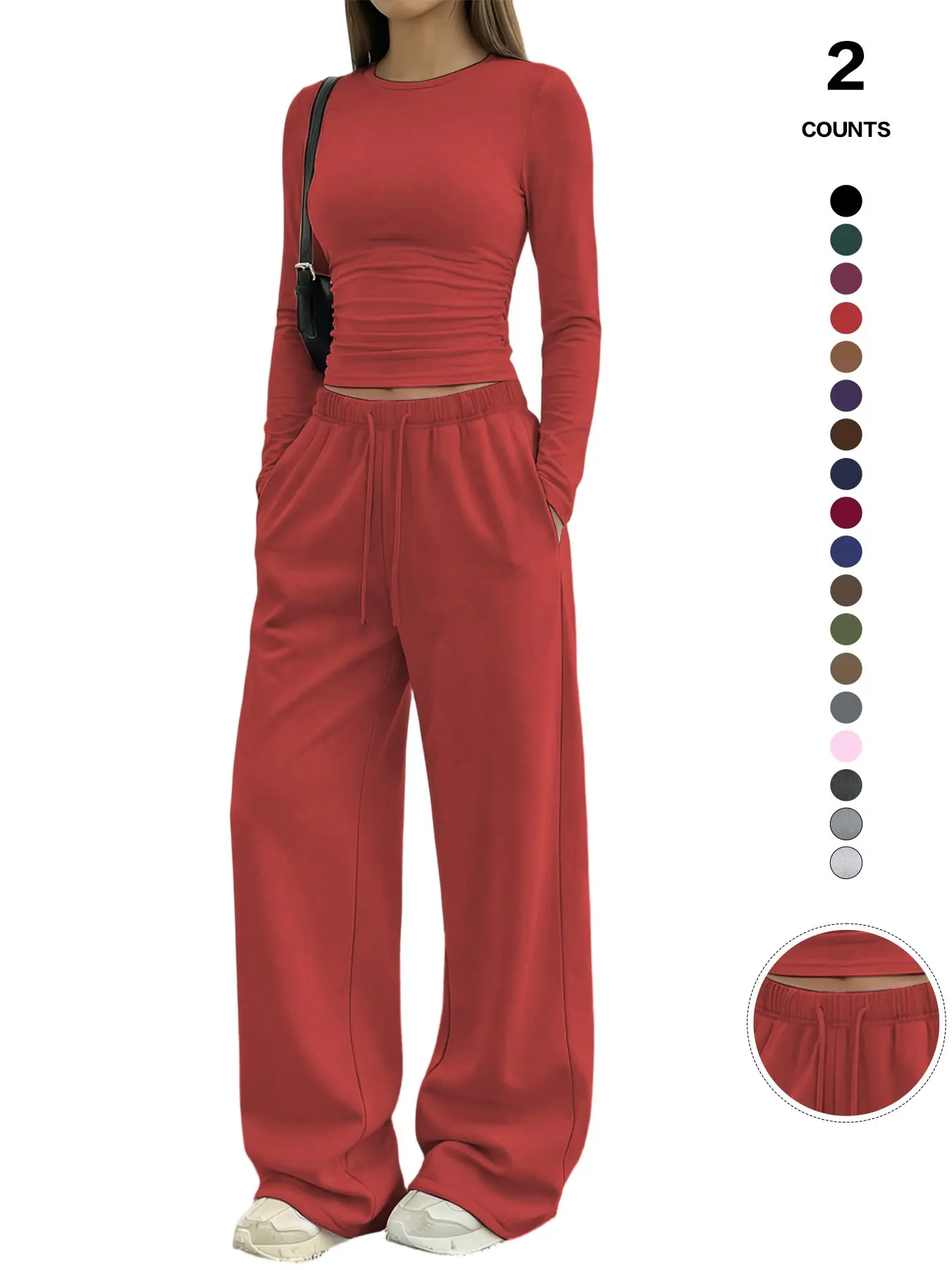Women's Solid Ruched Drawstring Loungewear Set, Casual Long Sleeve Round Neck Top & Pocket Wide Leg Trousers, Spring Summer Sleepwear Pajama Set Women's Solid Ruched Drawstring Loungewear Set, Casual Long Sleeve Round Neck Top & Pocket Wide Leg Trousers, Spring Summer Sleepwear Pajama Set