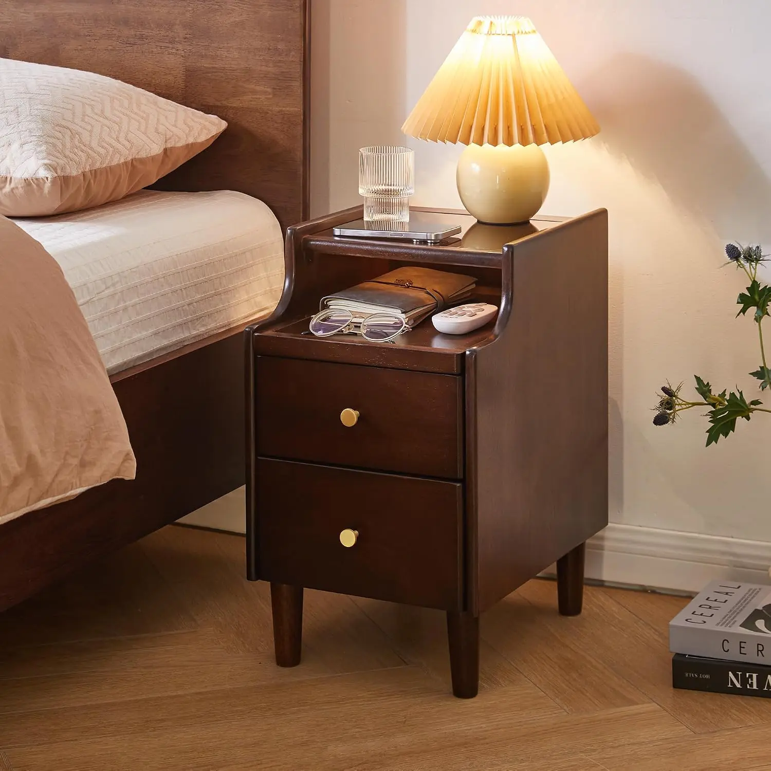 Art Deco Solid Wood Nightstand - 2 Drawers, Vintage Side Table with Pull-Out Panel, Flip-Top Storage, 11.81 x 15.35 x 19.88 Inches, 17.90 lbs, Assembly Required, Hardware Included, Walnut Bedside Table for Bedroom Small Space