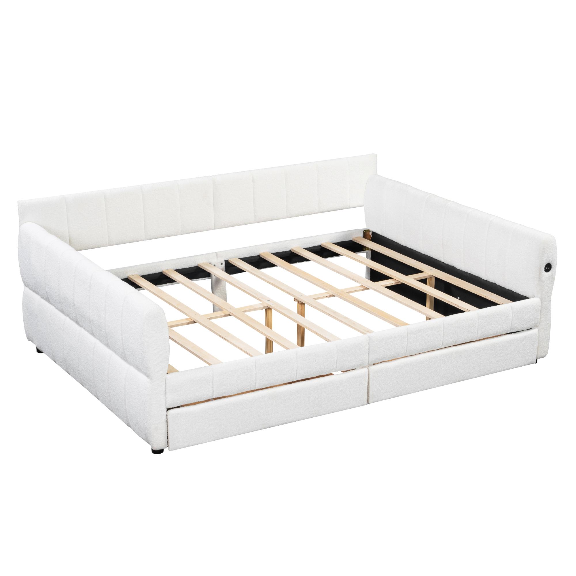 Queen Daybed Frame with 2 Storage Drawers and USB Charging Station, Upholstered Lambswool Sleeper Day Bed Couch with Armrest, No Spring Box Required, Easy Assemble, Beige