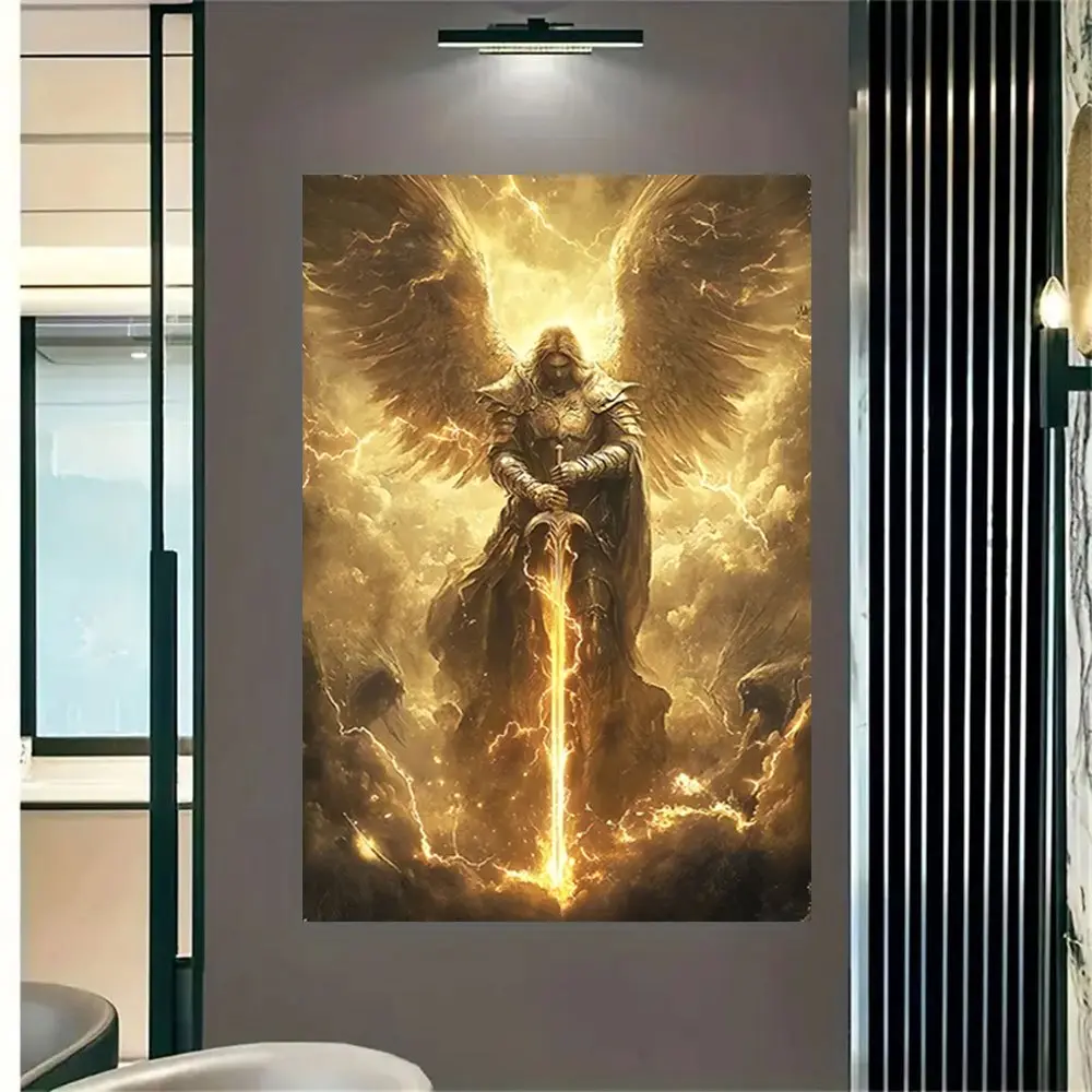 Archangel Michael Wooden Framed Fantasy Wall Art - Canvas Hanging Decorative Artwork, Art Wall Decoration Kit with Complete Hardware for Easy Display, Ideal for Living Room & Artistic Gift Choice