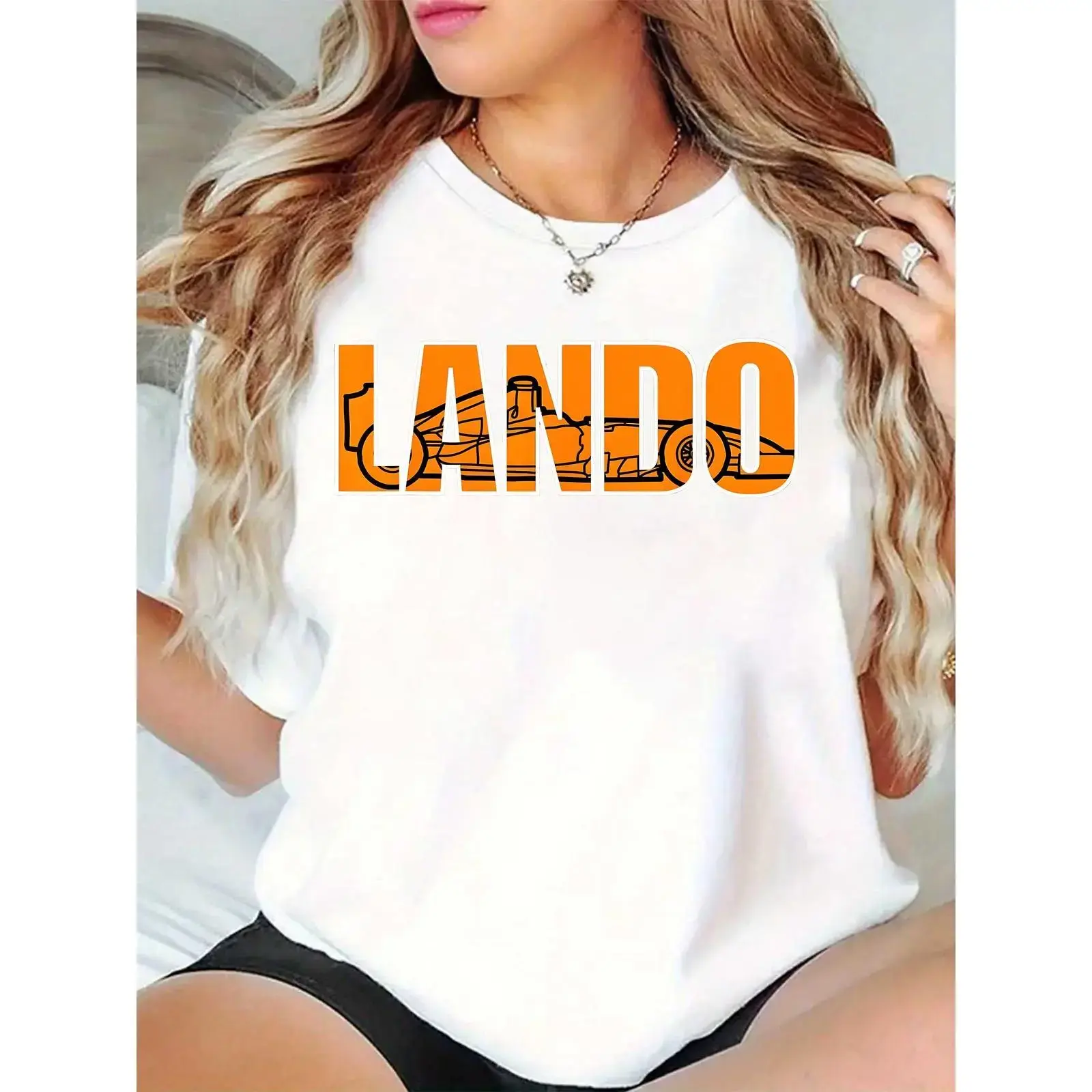 Women's Lando Race Car Graphic T-Shirt - F1 Fan Round Neck Tee with Fit, Loose, Slim Options for Daily Wear & Race Days, White