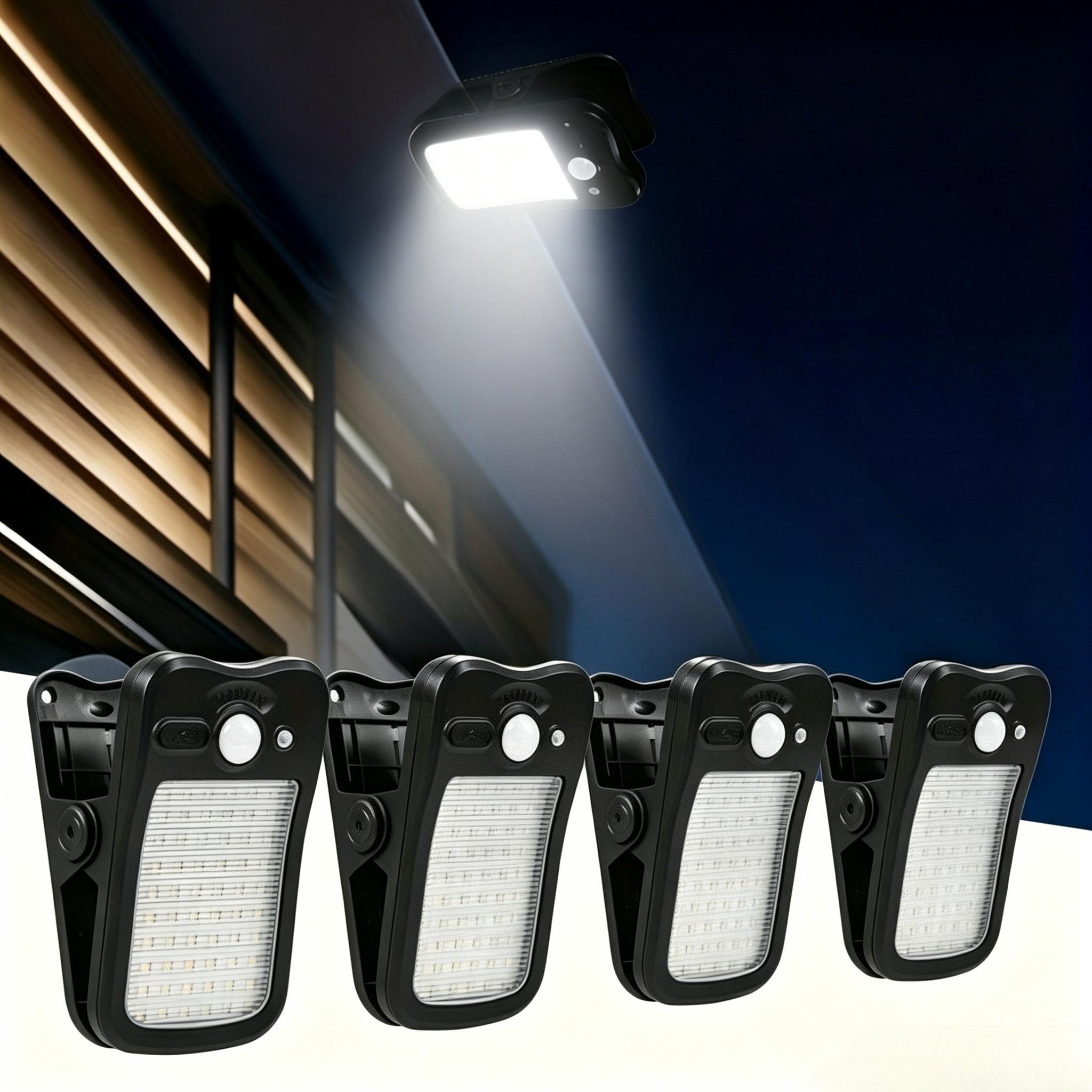 Solar Motion Lights - 2/4pcs Clip-On Solar Powered 60 LED Ultra Bright Rechargeable IP65 Rated Water Resistant Outdoor Security Lamps, 3 Multi-Modes, 100° Wide Angle, Smart Flood & Spot Lighting for Porch, Balcony