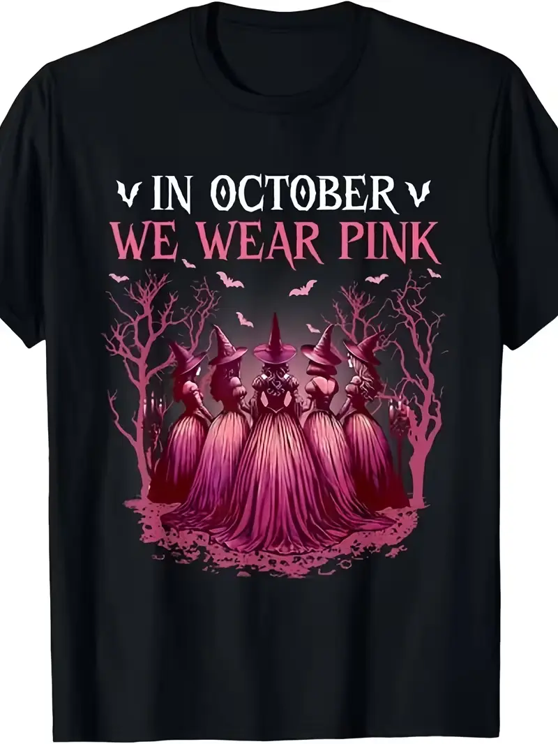 Unisex Vintage Cotton Printed Round Neck Shortsleeve Tops - October Pink Witch Coven Breast Cancer Awareness Halloween Graphic T-Shirt, Spooky Fall Casual Aesthetic Streetwear Statement Tee, Ribbon