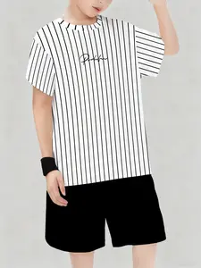 Boys' Short Sleeve Shorts Set, Striped Sets, Casual Paris Letter Print T-Shirt, Soft Comfortable Round Neck Top + Shorts, Summer