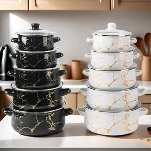 Enamel Cookware Set, 5 Counts/set Soup Pot Set with Lid & Handle, Durable & Easy To Clean Cookware Set for Restaurant, Family Kitchen, Picnic, Kitchenware