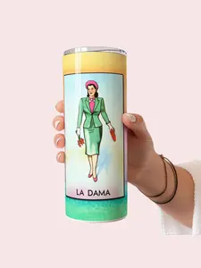 20oz Stainless Steel Mexican Loteria LA DAMA Printed Metal Tumbler - Silicone Lid & Straw, Reusable Portable Skinny Vacuum Flask, Kitchenware Drinkware