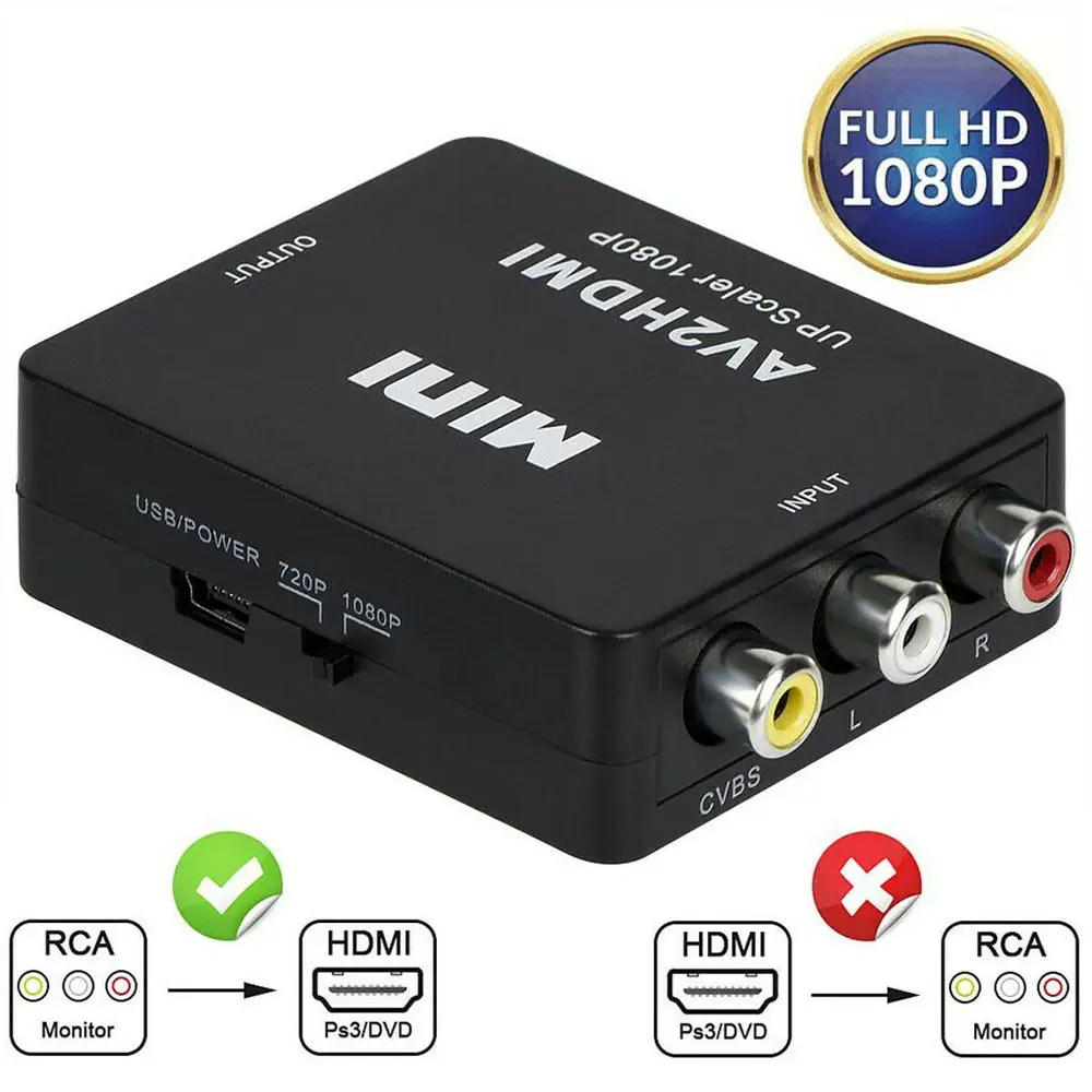 AV to HDMI Converter, RCA to HDMI Converter, RCA AV to HDMI HD Converter, 1080P Mini RCA Composite Video Converter Supports PAL/NTSC Compatible with Wii Wii Wii Wii/PC/Laptop/Xbox /PS4, Compact