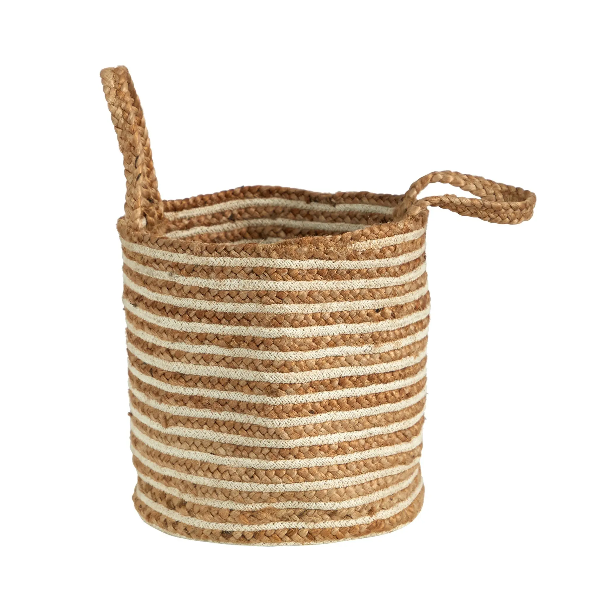 14-in Natural Cotton & Jute Stripe Storage Basket Organiser - Handwoven Durable Rustic Boho Chic Standing Plant Holder with Handles, Artisan-Made Authentic & Natural Trendy Accent for Plant Lovers