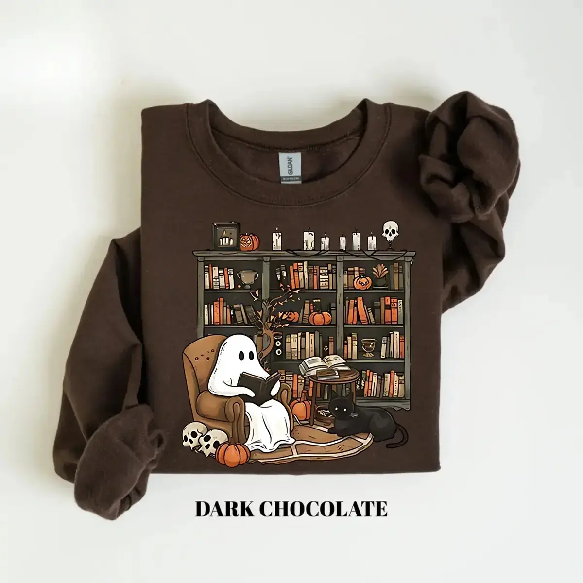 Retro Ghost Reading Books Sweatshirt  Halloween Teacher Shirt, Book Lover Halloween Gift, Women's Long Sleeve Sweater Hoodie Tops - TrendWear USA