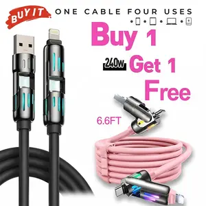 4-in-1 Multi-Function 240W Fast Charging Cable with Vibrant Ambient Lighting Supports USB-A Type-C and Lightning Connectors Compatible with iPhone 17 and Samsung Chargers