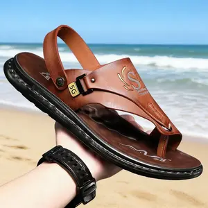 Mens Sport Flip Flops Comfort Casual Thong Sandals Outdoor Slippers PU Leather Breathable Adjustable Strap Non-Slip Sole Walking Shoes - Boy, Summer