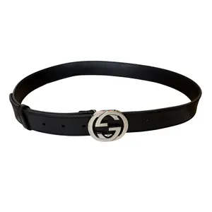 Pre-owned Gucci GG interlocking black leather belt unisex size 8032 authentic with COA