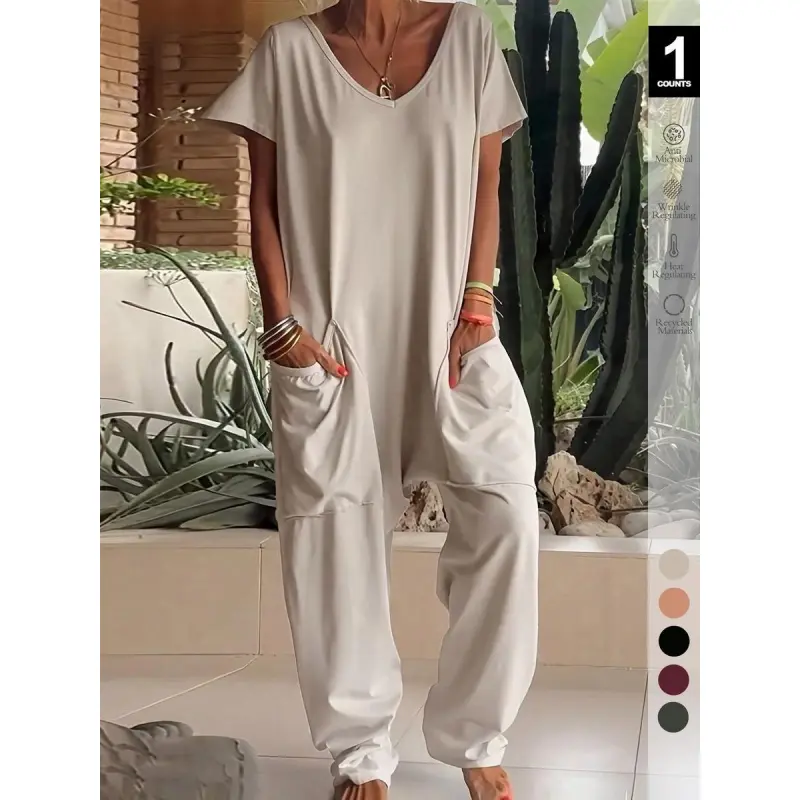 Women's Bohemian Harem Jumpsuit - Light, 70s Boho Style, Batwing Sleeves, Casual Fit, Side Pockets, Seamless Basic Khaki Overalls (Bohemian Jumpsuits & Rompers), 70S Bohemian Jumpsuits & Rompers