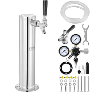 VEVOR Kegerator Tower Kit, Single Tap Beer Conversion Kit, Stainless Steel Keg Beer Tower Dispenser with Dual Gauge CGA320 Regulator D-System Keg Coupler, Self-Closing Spring for Party Bar Home