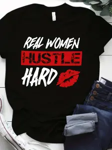 Women's "Real Women Hustle Hard" Motivational T-Shirt - Black with Red & White Letter & Lip Print, Stretchy Casual Top, Short Sleeve Round Neck, Machine Washable for Spring/Summer/Fall, Casual Attire| Bold Graphic Tee| Comfortable Fit Tee