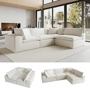 Domiqut 130" Oversized Cloud Couch, Modular L Shaped Sectional Sofa with Deep Seats, High Density Foam No Sag Support, No Assembly Required 4 Seater Washable Fabric Couch for Living Room, White