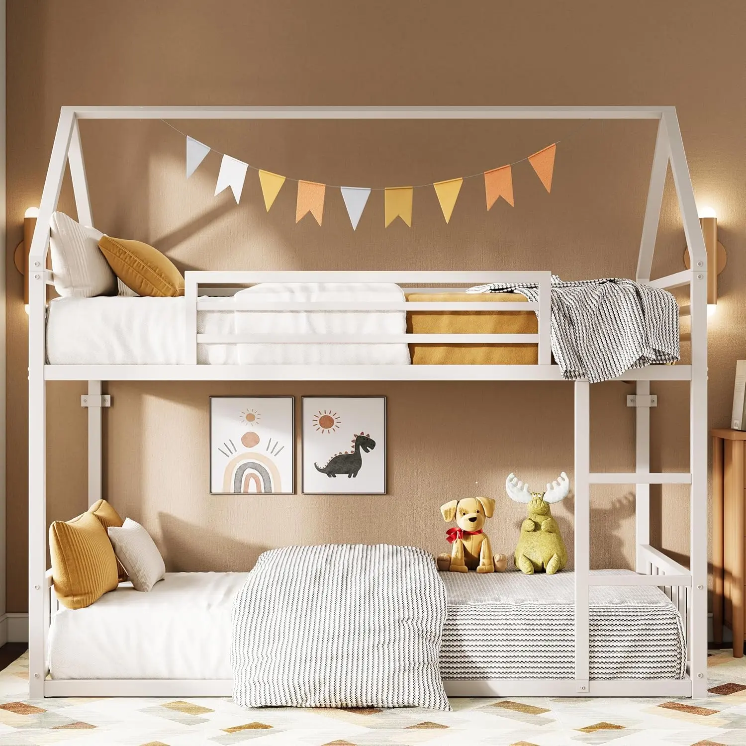 LIKIMIO Twin XL Over Twin XL Metal Frame Bunk Bed - Unique Bed Furniture with Ladder, Guardrail, House Shape & Metal Slats, 81.9"l x 40.7"w x 71.7"h, Space-Saving, No Box Spring Needed for Bedroom