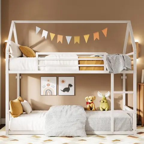 LIKIMIO Twin XL Over Twin XL Metal Bunk Bed - Unique Bed Furniture with Ladder, Guardrail, House Shape, Metal Slats, 81.9"l x 40.7"w x 71.7"h (100cm+), Space-Saving, No Box Spring Needed, 1-Box Setup, Assembly Required, for Bedroom Decor