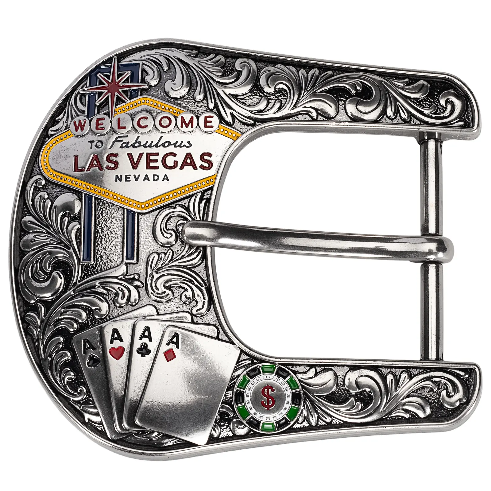 Western Belt Buckle -  "Welcome to Las Vegas" Sign | Big Cowboy Buckle for 1.5" Belts | Men's & Women's Rodeo, Gambler Souvenir & Collector's Piece