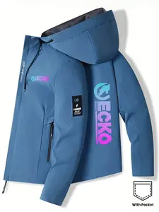 Men's Lightweight Hooded Soft Shell Jacket, Ecko Letter Print, Front Pocket Design, Durable Polyester Fiber, Casual Urban Style