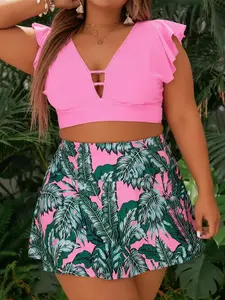 Plus Size Pink Ruffle Sleeve Tankini Swim Skirt Set, Tropical Palm Print V-Neck Cutout Two-Piece Swimsuit, Tummy Control Slimming Swimwear for Women Beach Vacation