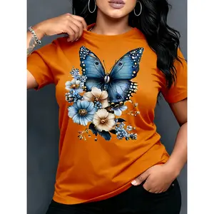 100% pure cotton, available in multiple colors, comfortable to wear, butterfly and flower spring/summer print women's casual round neck short sleeve T-shirt
