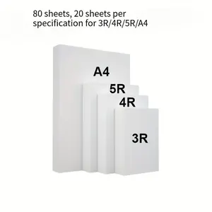 80pcs,200gsm Premium Glossy Photo Paper for Inkjet Printers - Photographic Printer Paper with High Clarity & Vibrant Colors, Ideal for Professional Photography, Art Prints, Office. Four specifications: 3R, 4R, 5R, A4, each with 20 sheets.