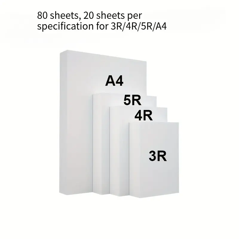 80pcs,200gsm Premium Glossy Photo Paper for Inkjet Printers - Photographic Printer Paper with High Clarity & Vibrant Colors, Ideal for Professional Photography, Art Prints, Office. Four specifications: 3R, 4R, 5R, A4, each with 20 sheets.