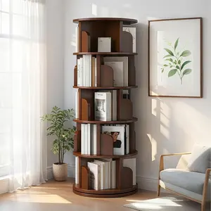 5 Tier Rotating Bookshelf: 360° Display Round Spinning Shelf with Space-Saving Corner Design - Multi-Tier Storage Organizer for Homeowners & Book Lovers in Bedrooms & Living Rooms
