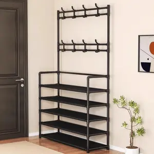 Five-layer Multifunctional Metal Shoe Rack, Storage Rack, Clothes and Shoes Organizer, with 8 Double Hooks and 10 Shoe Covers, Suitable for Bedroom, Living Room, Entrance, and Office, Easy to Assemble