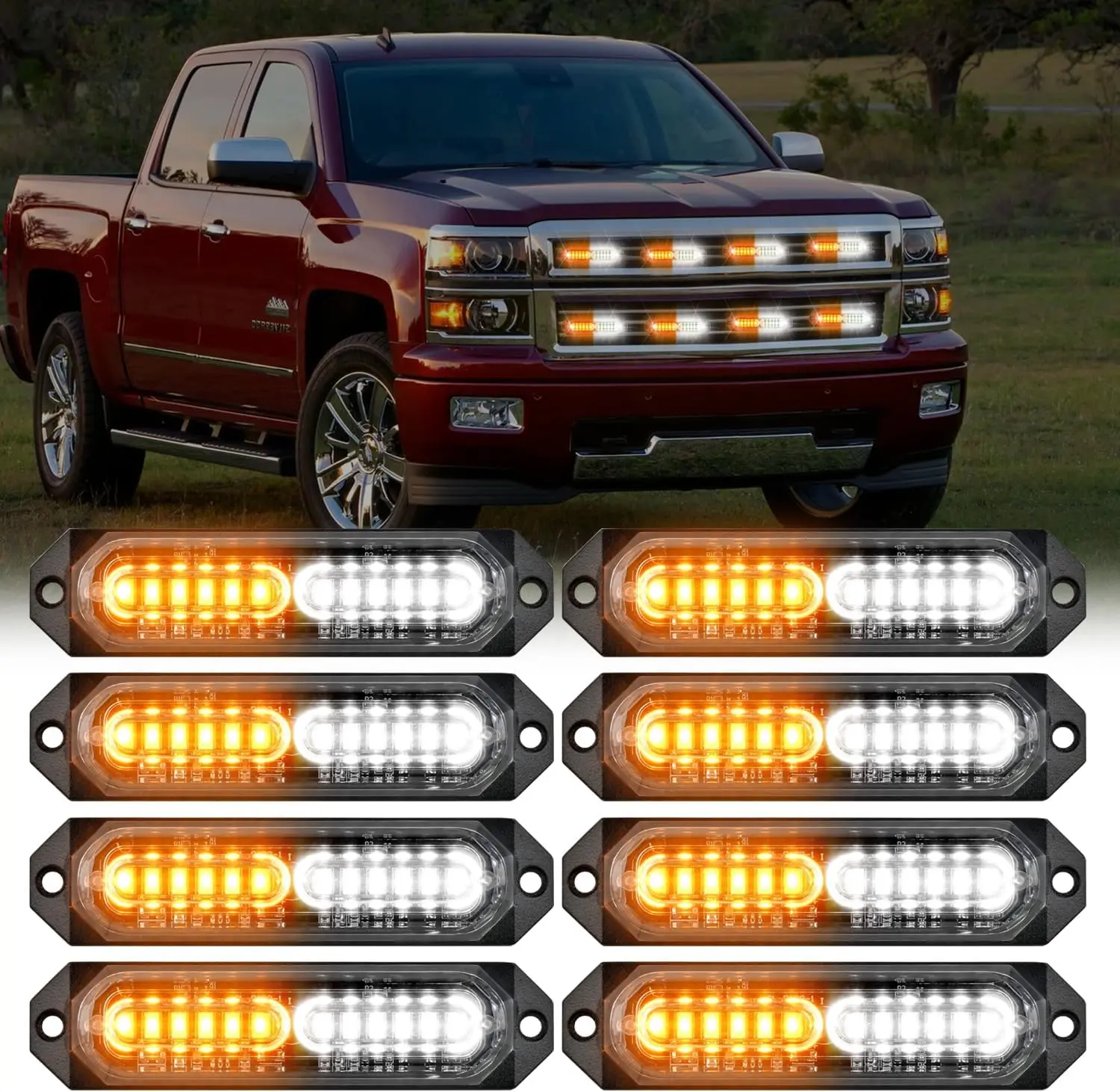 Nilight 8PCS Ultra Slim 12LED Amber White LED Work Light Bars with LED Backlights - 12V-24V Surface Mount, Strobe/Flashing Modes, High Brightness, Front/Rear Car Fit, Light Bar Car Option, Father's Day Gift